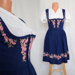 VINTAGE TRACHTEN DRESS dirndl full skirt floral border print XS/S